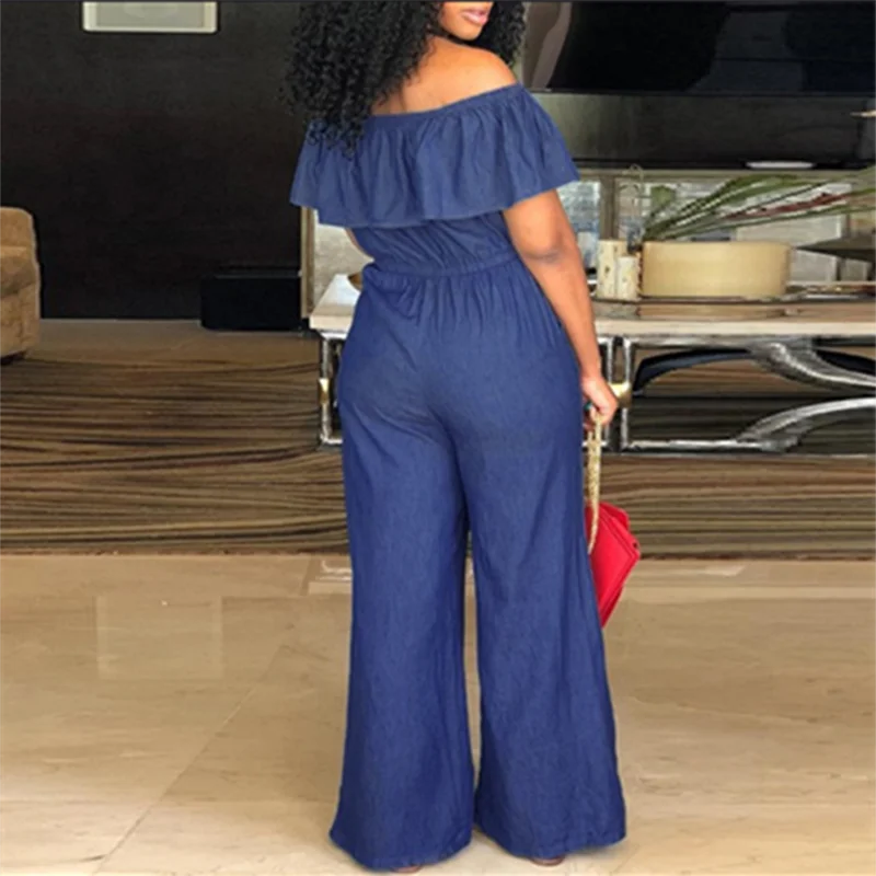 بذلة نسائية من قماش الدنيم BBW - رومبير مثير بدون حمالات مع نمط خريفي ساق واسعة