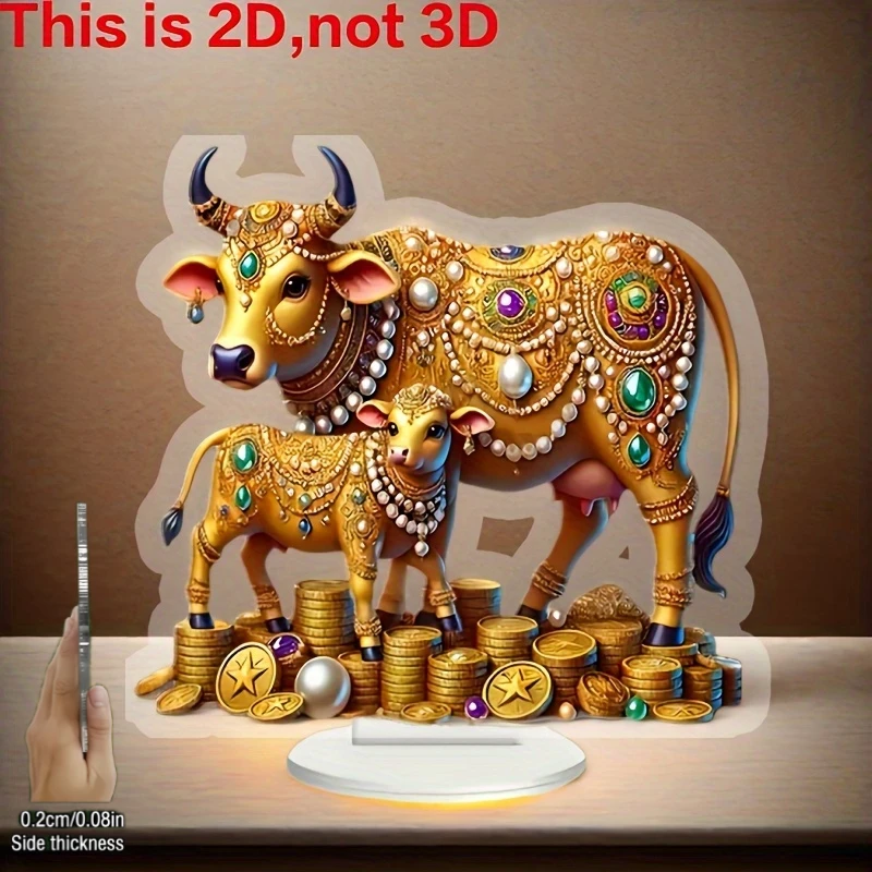 2D Flat Plane, Bohemian Style Acrylic Cow And Calf Desktop Decoration - Wealthy Theme, And Scratch-Resistant, Colorful Gemstone