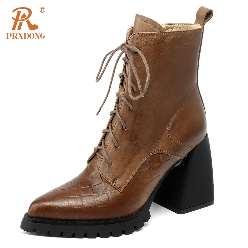 

PRXDONG New Brand Shoes Woman Ankle Boots 2023 Fashion Genuine Leather Chunky High Heels Platform Black Brown Dress Work Shoes 8