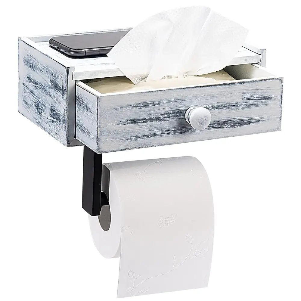 

Free Shipping-Toilet Paper Holder with Storage, Rustic Farmhouse Toilet Paper Holder with Shelf, Wall Mount, Keep Wipes Hidden O