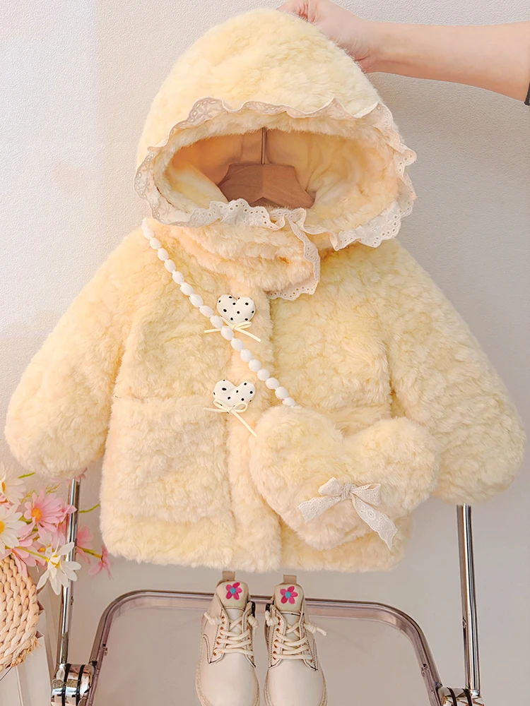 

Зимнее теплое хлопковое курто для девочек, модное детское пальто с капюшоном на подкладке и кружевной отделкой с меховой отделкой, модная детская верхняя одежда