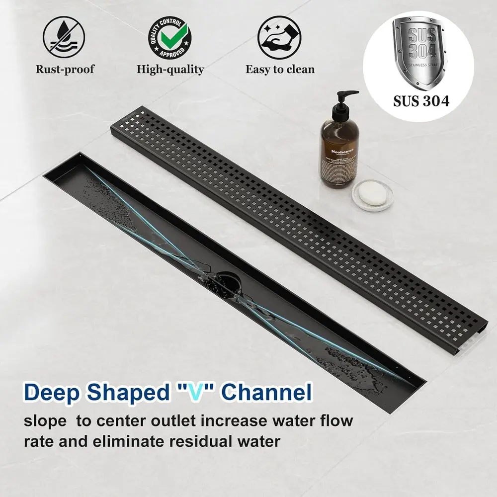 Sifone doccia lineare nero opaco da 18 pollici con griglia rimovibile, in acciaio inox 304, piedini livellanti, filtro per capelli
