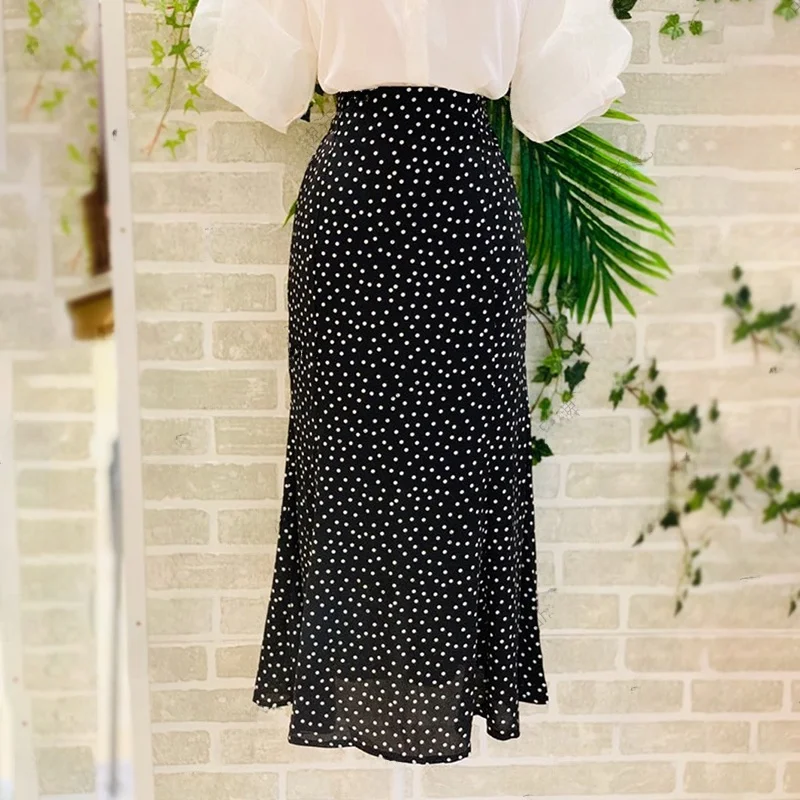 

Шифоновая юбка миди в горошек с запахом, женская модная длинная юбка с высокой талией, корейский стиль, повседневная юбка А-силуэта с узором