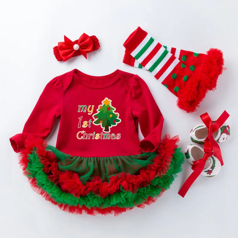 

New Christmas Children's Suit for Autumn and Winter Baby Long-sleeved Cartoon Mesh Romper Dress Headband Shoes four-piece Set