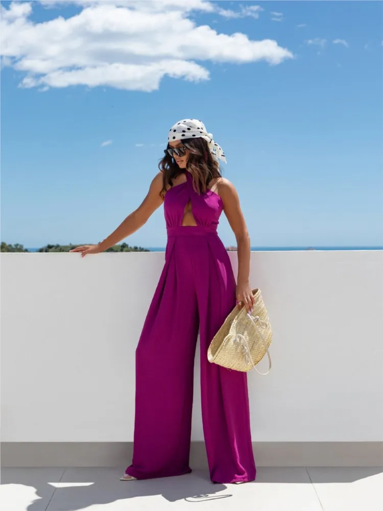

Summer Fashion Solid Lady Jumpsuit 2025 Casual High Waist Wide Leg Romper Sexy Women Criss-cross Halter Hollow Overalls Mujer
