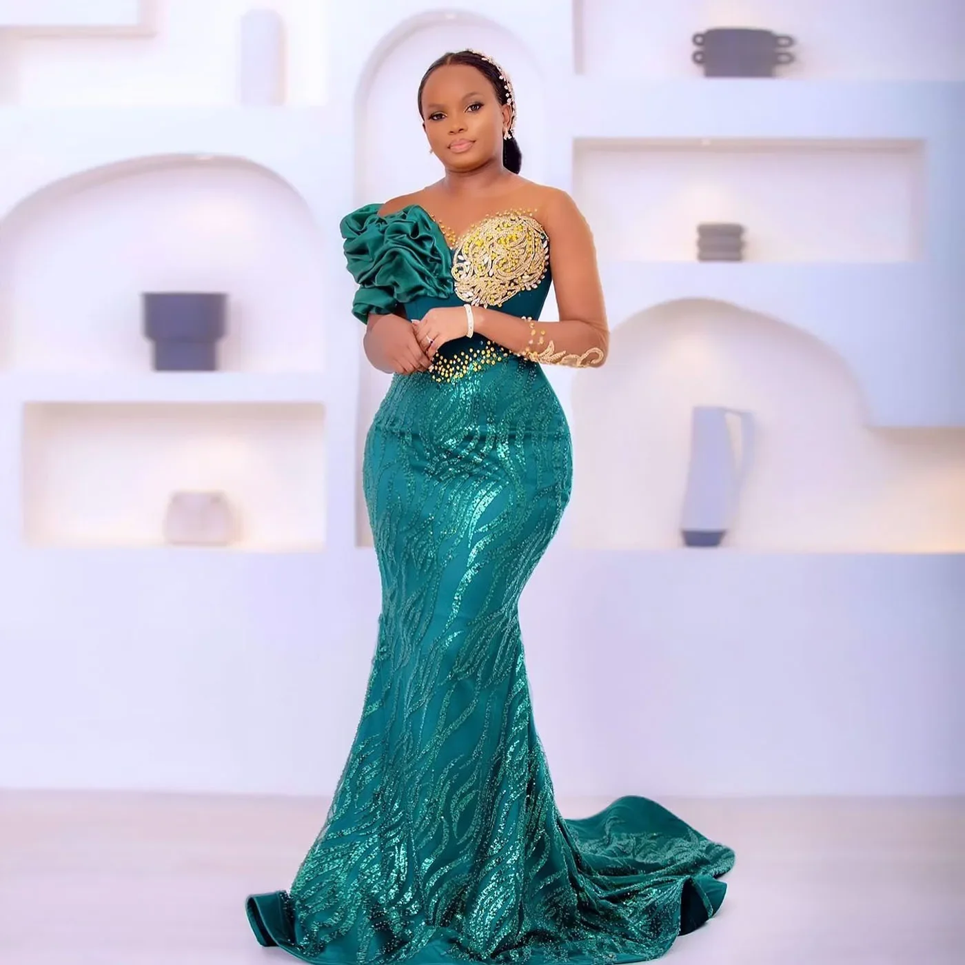 

African Women One Shoulder Prom Dress Beaded Aso Ebi Formal Party Dresses Lace Pleated Long Sleeve Mermaid Evening Gowns Sequin