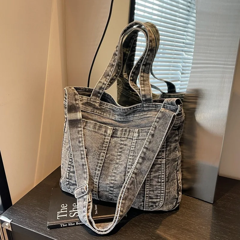 Wear-resistant washed denim fabric women's American-style double shoulder bag distressed handbag crossbody bag