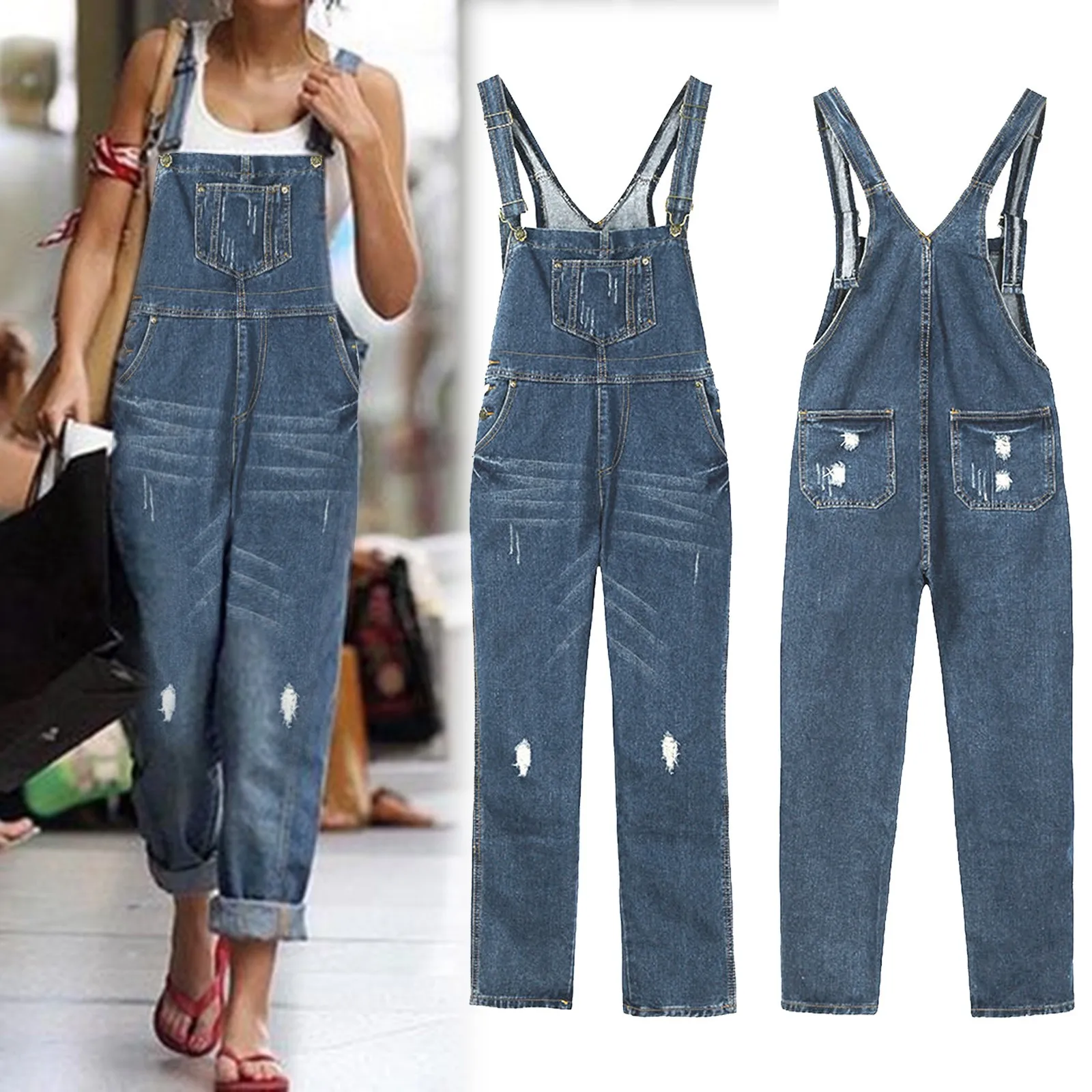 Retro Women Jeans Suspender Trousers Spring Autumn Casual Loose Jumpsuit With Pockets Female Fashion Streetwear Trousers 2023