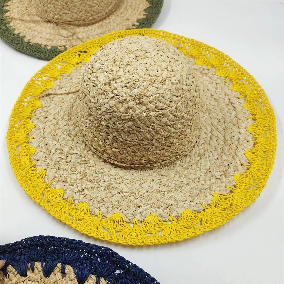 

Women's color matching Raffia UV sun hat Fashion girl straw hat Summer wide brim sun UV protection Unisex beach hat
