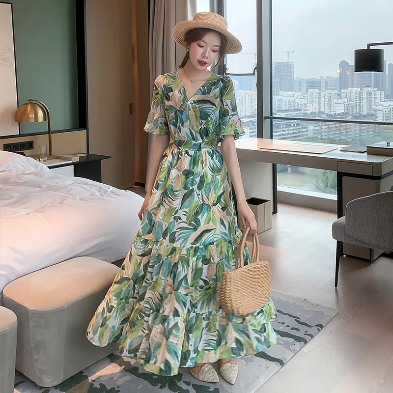 

Women's Floral Chiffon Beach Dress, Long Dresses, V-Neck, High Waist, Slim Fashion, Over the Knee, Summer, New, 2023