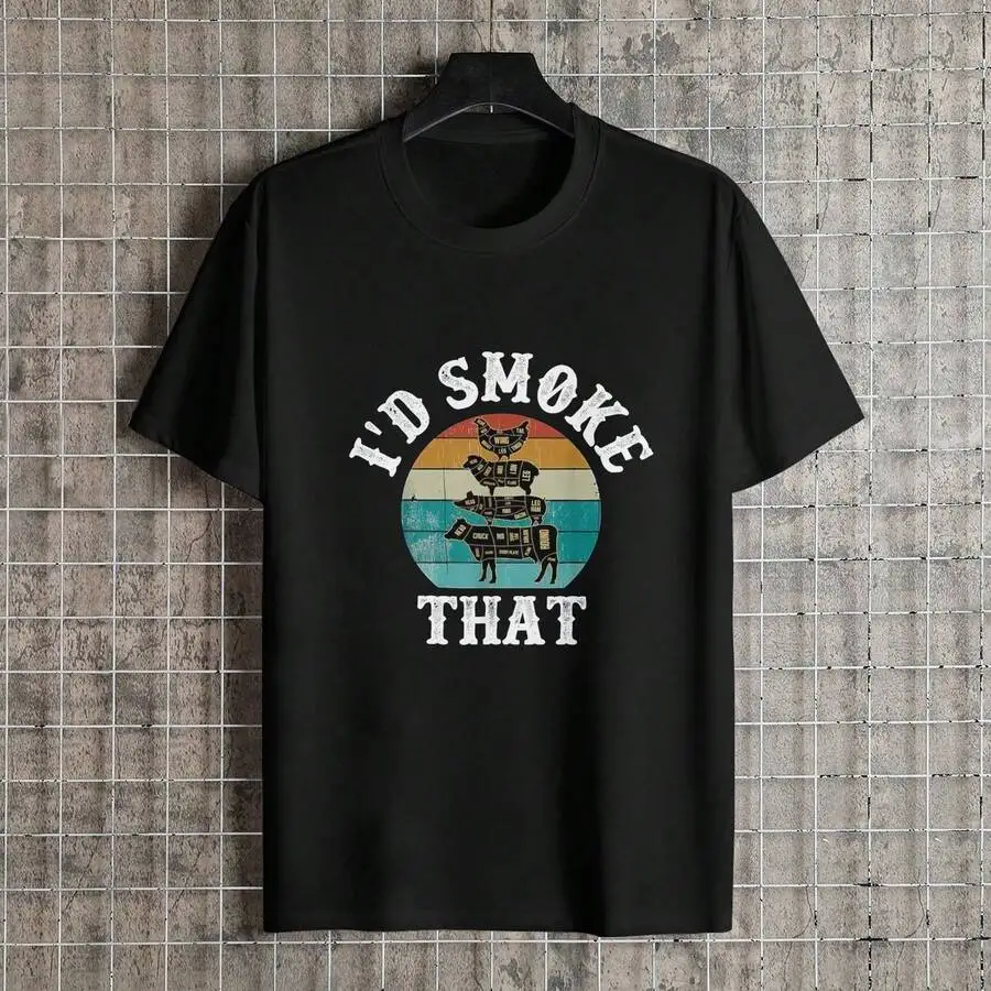 Men's 'I'd Smoke' Vintage BBQ Chef Dad Graphic T-Shirt, Crew Neck Short Sleeve Casual Tee, Perfect Gift For BBQ Lovers
