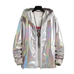 Sudaderas con capucha reflectantes de seda de hielo para hombre, abrigo ligero de manga larga con bolsillos, ropa de calle de verano, chaqueta colorida brillante