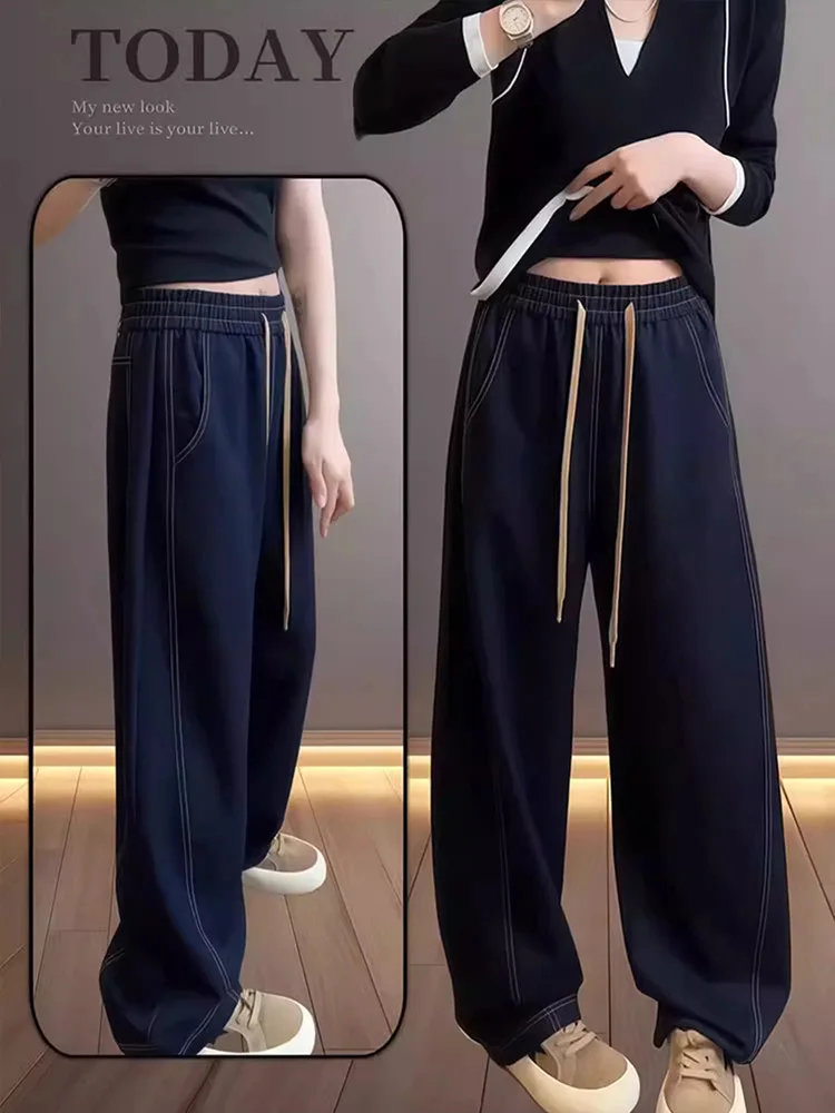 

Большие размеры Свободный крой с высокой талией k Синие джинсовые джинсы с эластичной резинкой на талии Женские осенние новые узкие прямые широкие брюки