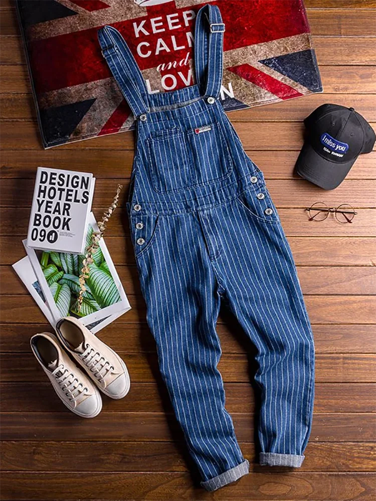 2023 Summer New Mens Bib Overalls Streetwear Denim Jumpsuits Moto Biker Jeans Trousers Male Striped Casual Long Pants Clothing