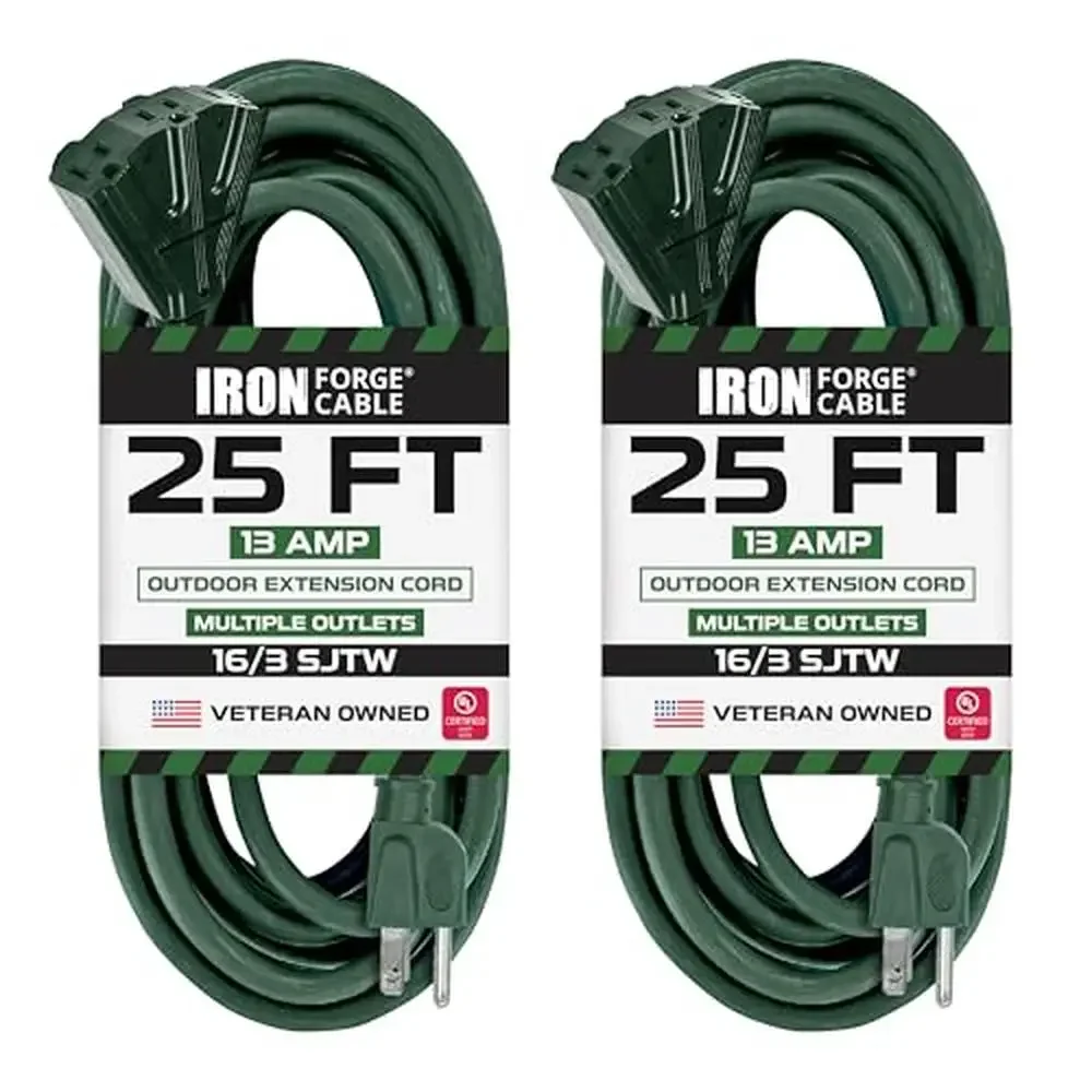 

3 Outlet Weatherproof Outdoor Extension Cord 25ft 2 Pack Heavy Duty Green UL Certified 16/3 125V 13A Ideal Outdoor Lights