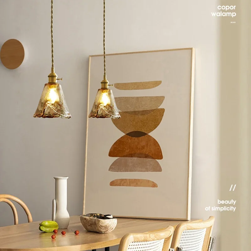 

Nordic Retro Copper Glass LED Pendant Lamp For Dining Room Kitchen Bar Living Room Bedroom Ceiling Chandelier E27 Hanging Light