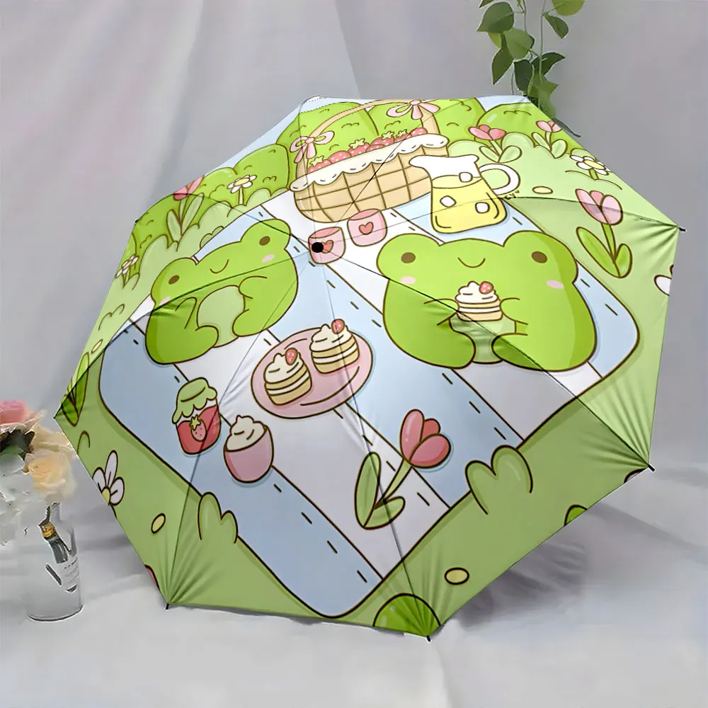 1PC Frogs' Delightful Picnic: A Whimsical Umbrella Design Print 8 Iron Ribs Folding Umbrella Auto-Open Fashion Sunshade