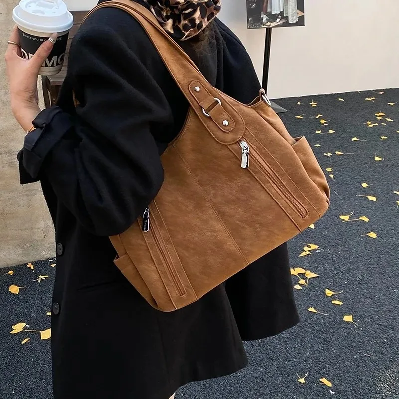 Vintage Soft Faux Leather Shoulder Bag Multi Zipper Pockets Large Capacity Adjustable Strap Casual Daily Commute Handbag Сумка