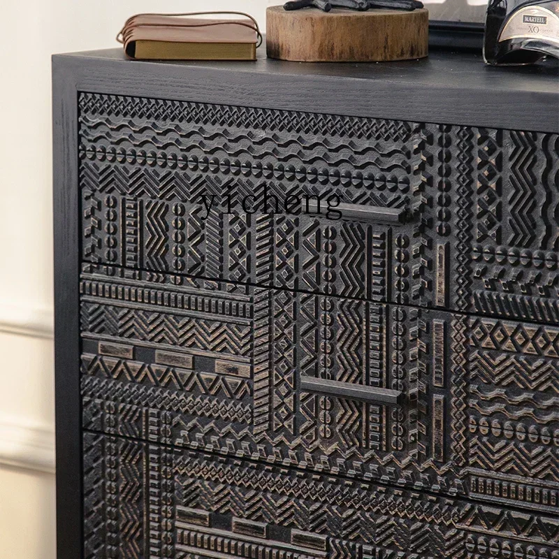 YFY  American retro engraved chest cabinet, living room, bedroom, drawer, storage cabinet, antique storage bedside table