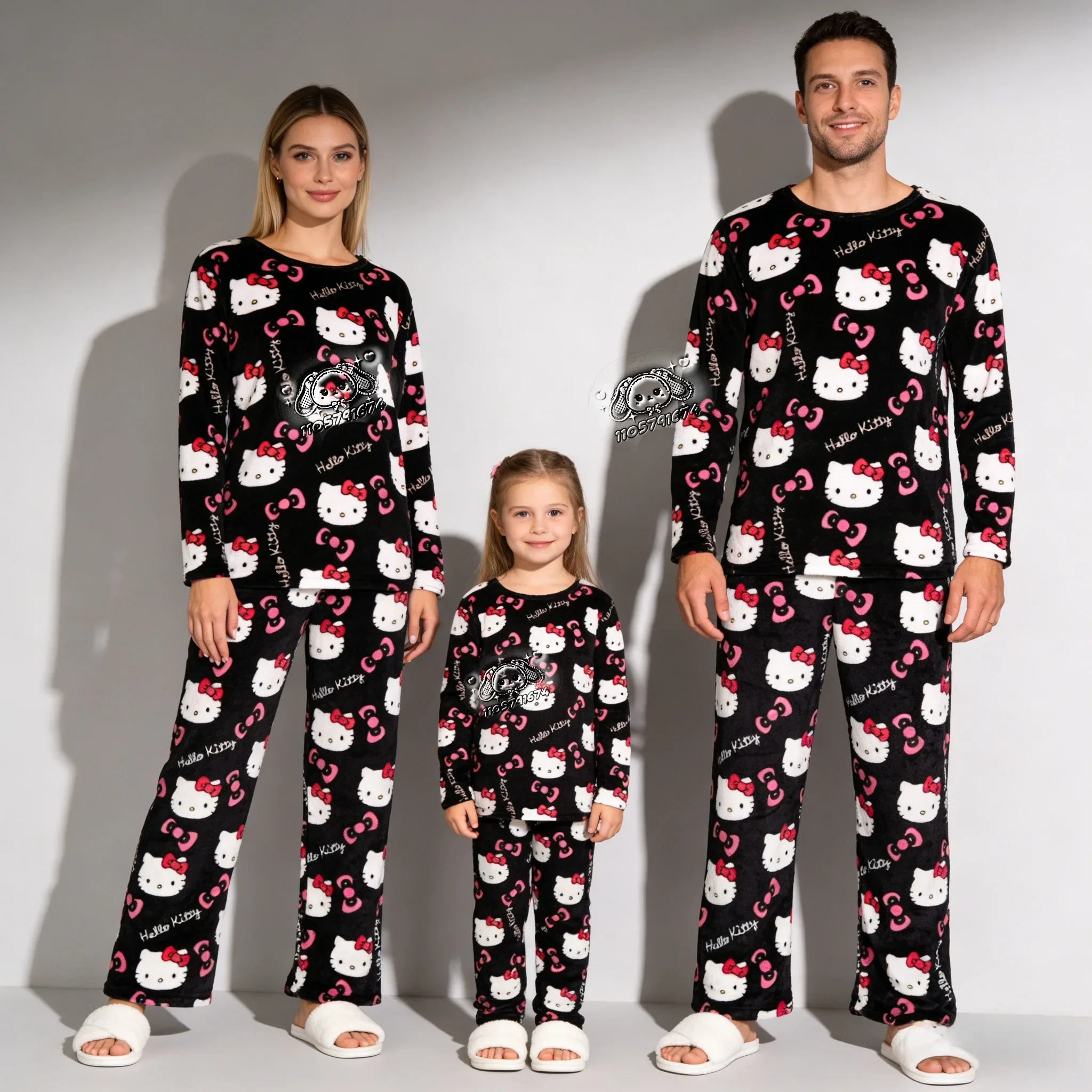 26/27 New Hello Kitty Cartoon Print Flannel Family Pajama Set Soft Warm Winter Unisex Loungewear FamilyMatching