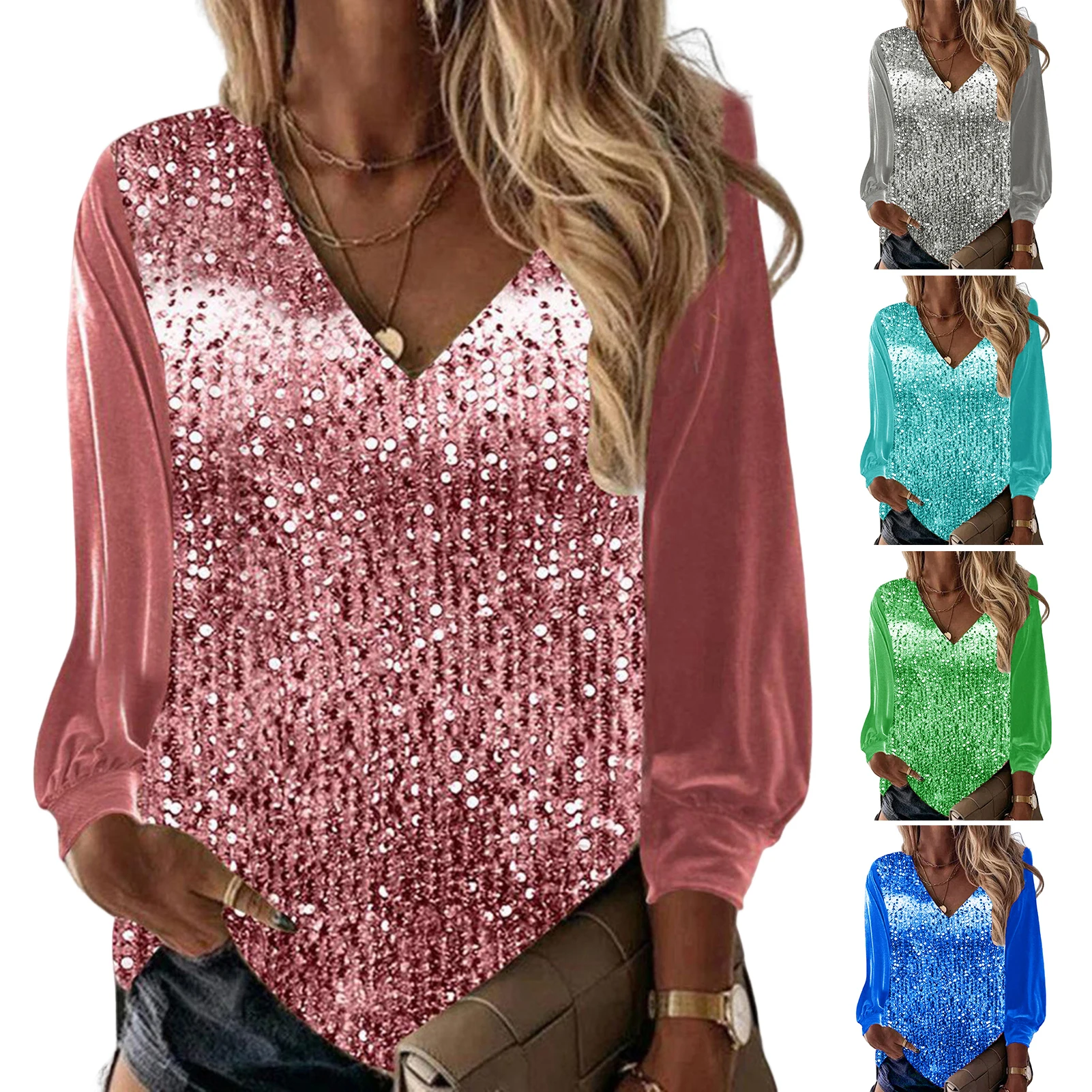 2023 Summer Women\'s T-Shirt Polyester Fashion Top V-Neck Long Sleeve Shining Sequins Decoration High Quality Blouse