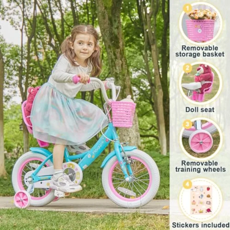 Bicicleta Maggie Girls de 12-20 pulgadas para niños de 2 a 13 años, bicicleta estilo princesa con asiento de muñeca, cesta, ruedas de entrenamiento, múltiples colores