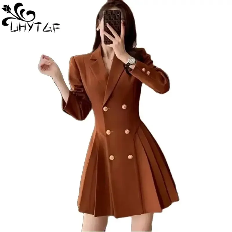 

Red Suit Dress For Women Spring Autumn 2024 New Pleated High Waist Double Breasted Temperament Goddess Commuting Women Dress 582