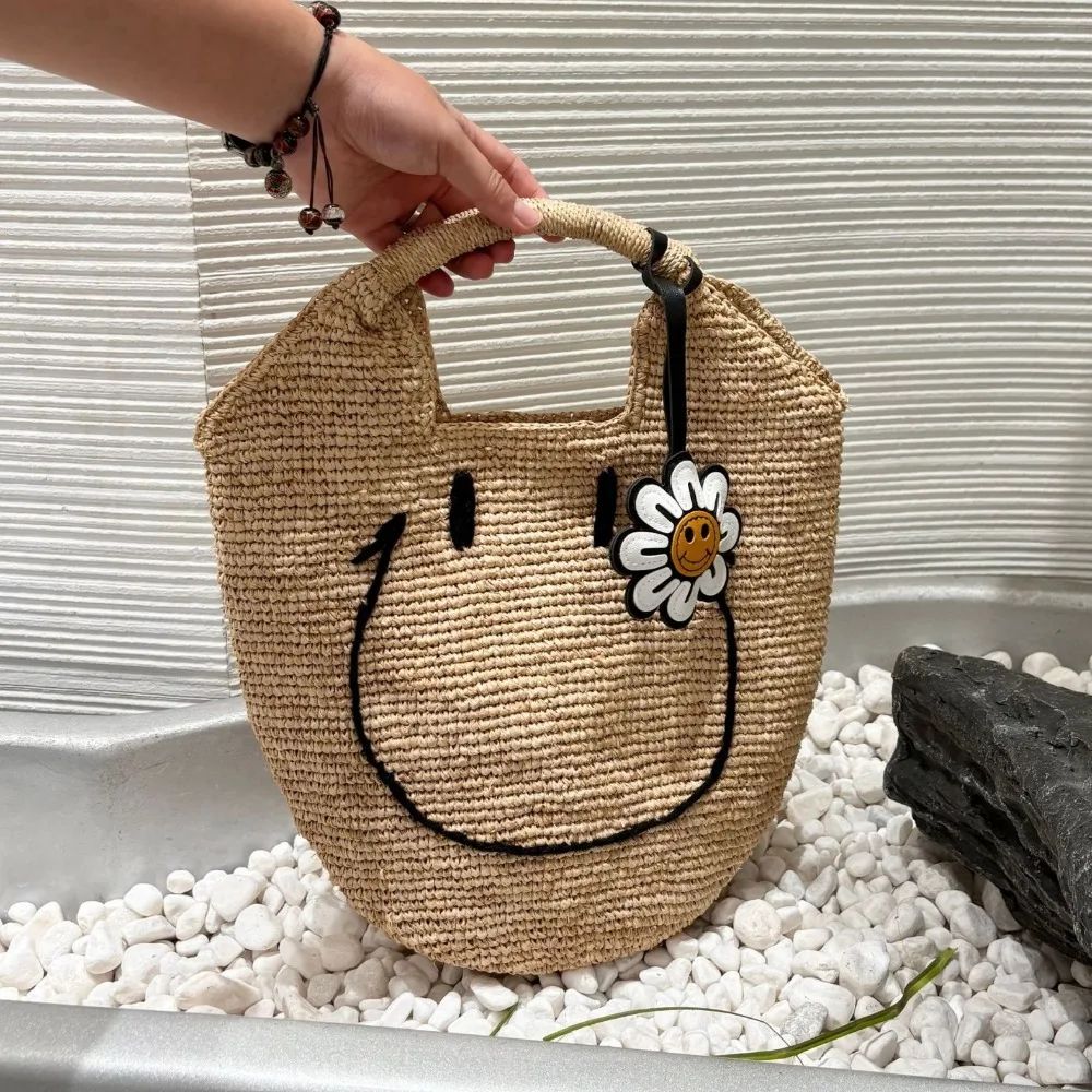 Lafite Woven Bag Handmade Hook Straw Seaside Vacation Bucket Texture Unique Fashion Simple Womens Tote Embroidered Smiley Face