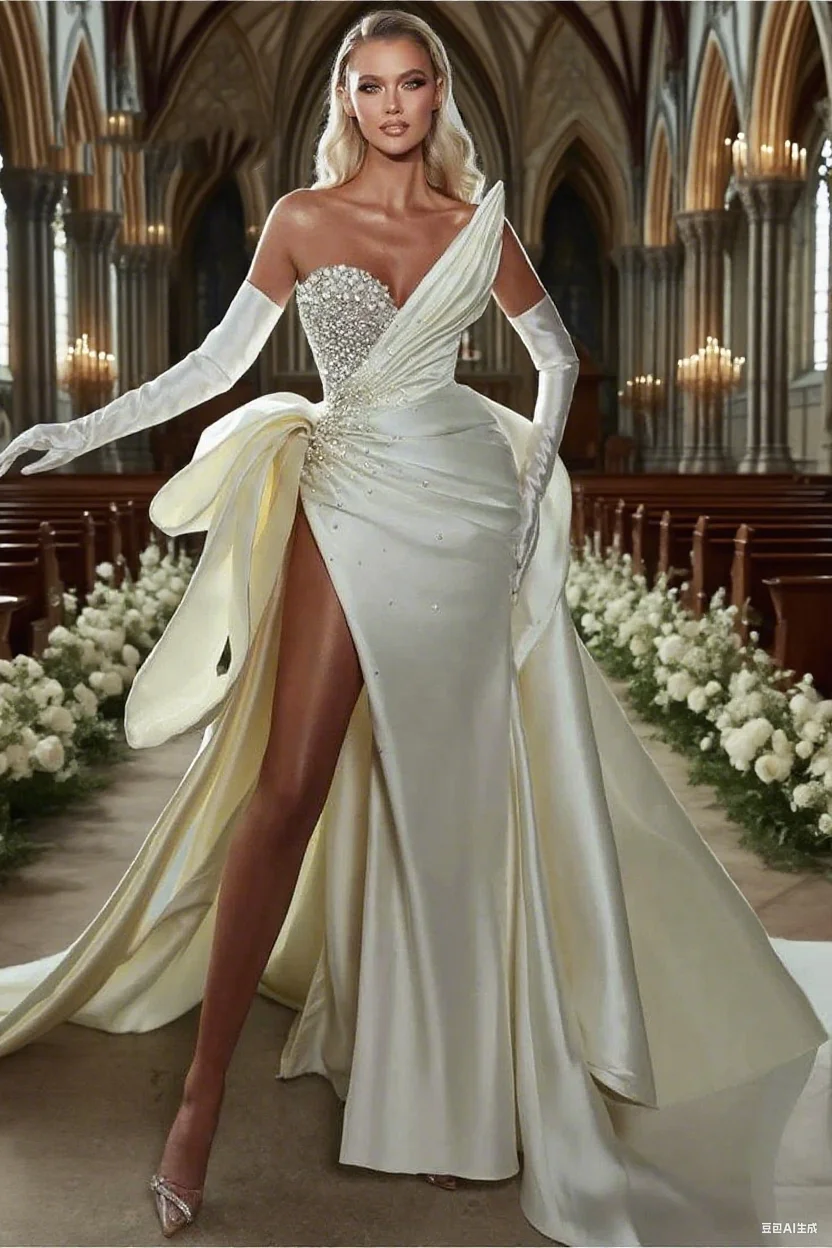 

Sexy Wedding Dress Beaded Strapless Ruched Beaded Satin Long Bride Gown Sleeveless Bride wedding Dresses Customized