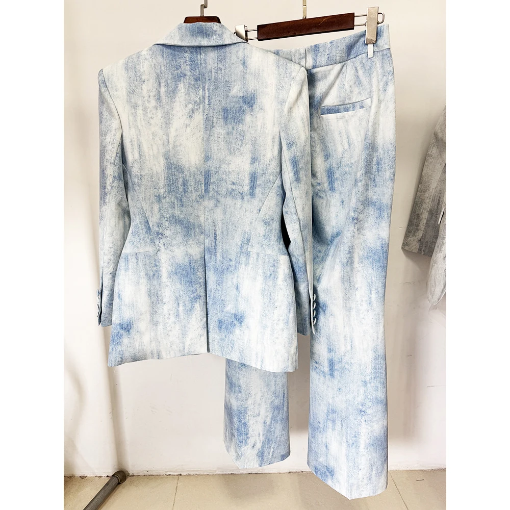 HIGH STREET Newest Fashion 2025 Designer Suit Set Women's Dye Printed Slim Fitting Blazer Flare Pants Sets 2 PCS suits for woman