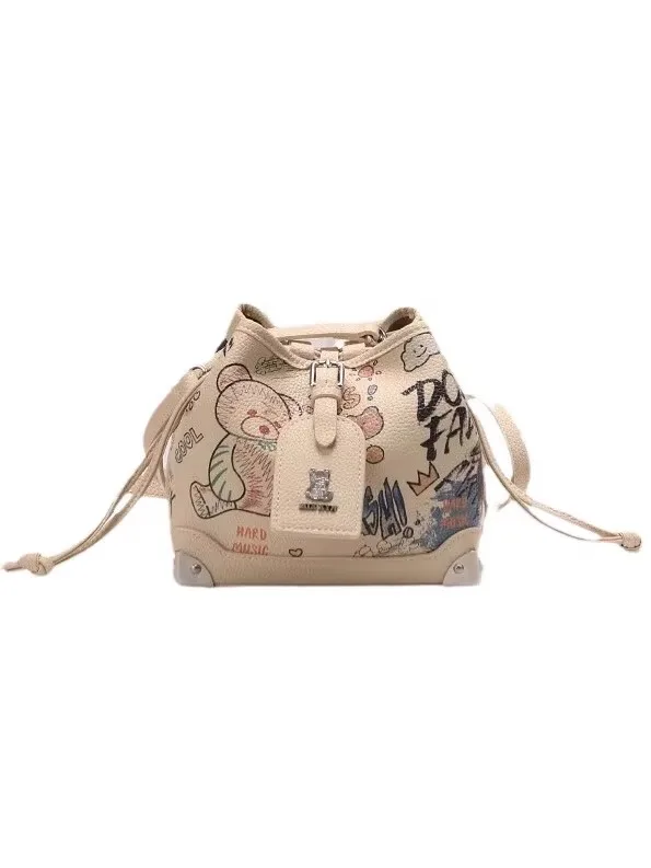 Cute Little Bear Handheld Leather Bucket Bag with Graffiti Pattern 2024 Newly Trendy Shoulder Handbag for Children and Women