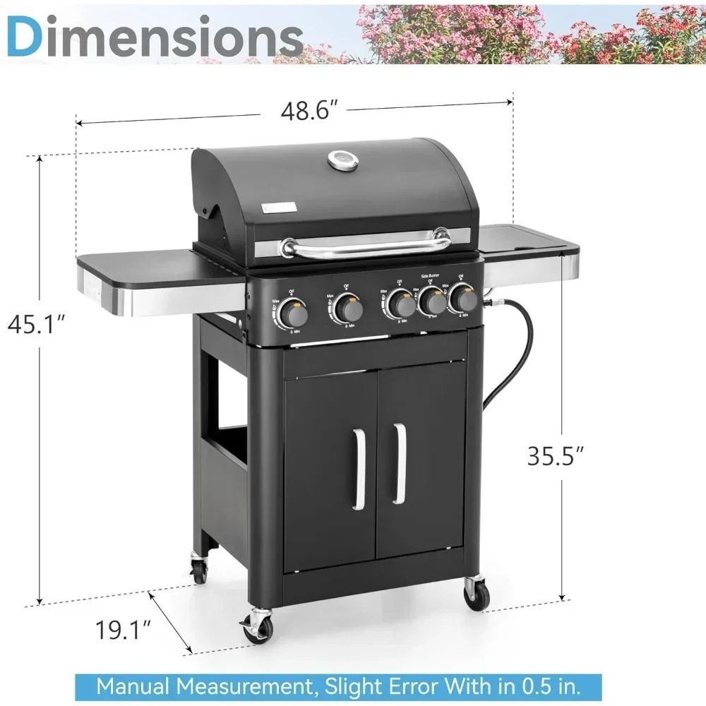 BBQ Grill with Side Burner & Porcelain-Enameled Cast Iron Grate, 4-Burner Flat Top, Easy Cleanup and Maintenance, Barbecue Grill