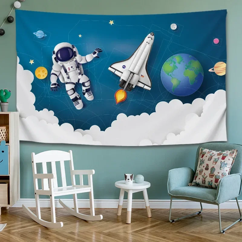 

Cartoon Space Astronaut Tapestry for Children Kids Room Blue Background Interstellar Sky Tapestry Wall Hanging Hippie Boho