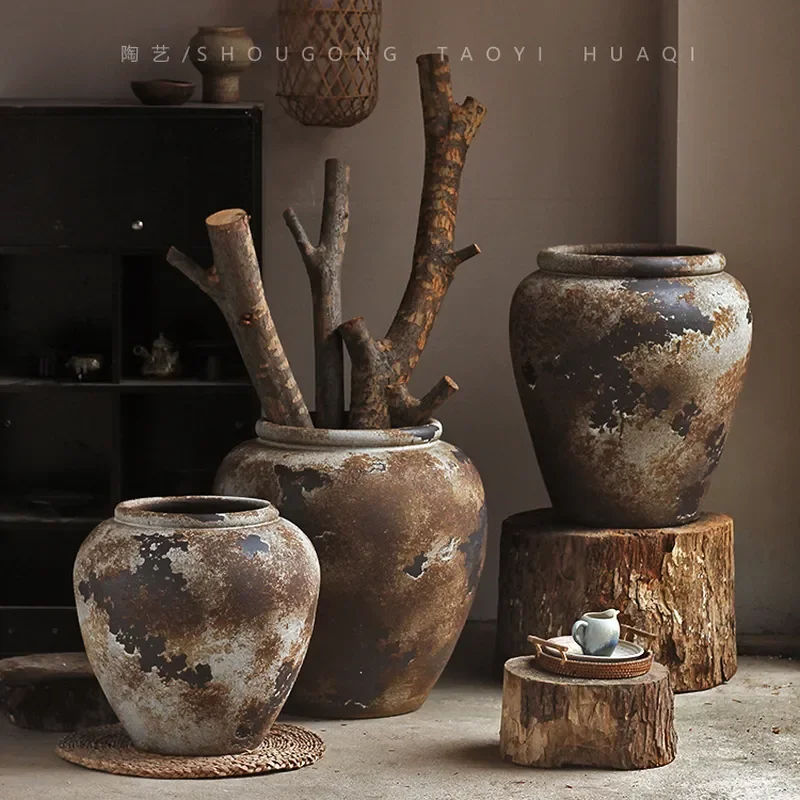 New Chinese Retro Ceramic Vase Wabi Sabi Style Coarse Pottery Flower Arrangement Large Tank for Living Room Entrance Hotel