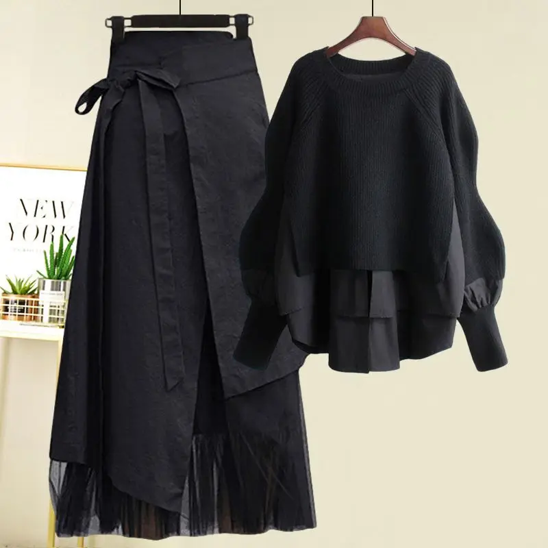 

Fashion Fake Two Piece Knit Sweater+Strap A-line Skirt Set Women Spring Autumn New Elegant Pullover Dress Matching Woman Outfit