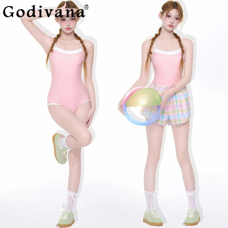 

Original Girl's Pink One-Piece Swimsuit Plaid Shorts Set 2025 Women's Slimming Sports Swimwear Student Y2K Bathing Suit Women