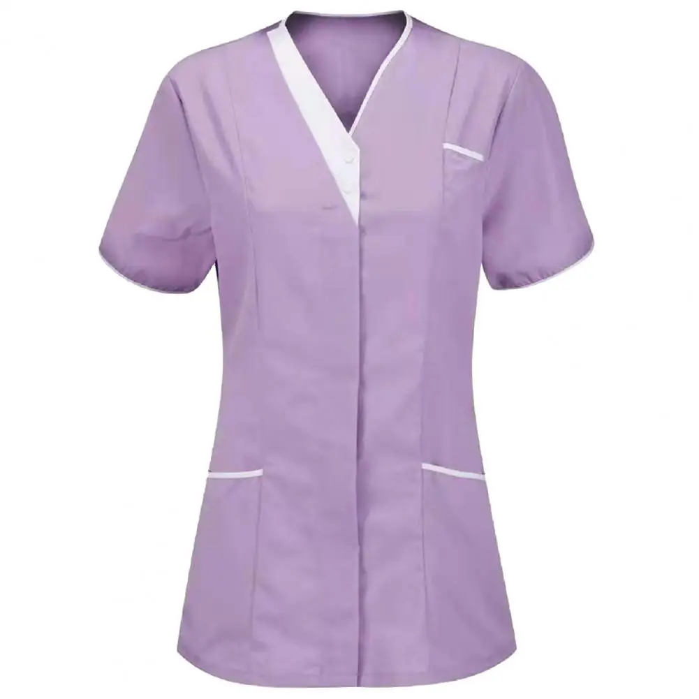 2025 V-neck Short Sleeve Tops Women's V-neck Nurse Uniform Scrubs Tops with Short Sleeves Pockets Patchwork Color for Medical