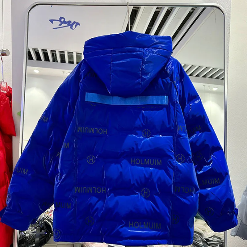 Winter Clothes Green Puffer Jacket Women Fashion Short Parkas Bright Candy Color Hooded Thick Warm Letter White Duck Down Coat