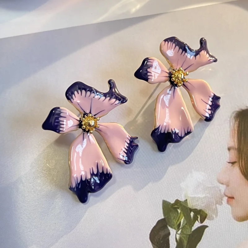 Fashion Painting Flower Earrings For Women Creative New Pink Blue Designers Pendientes Jewelry Wholesale