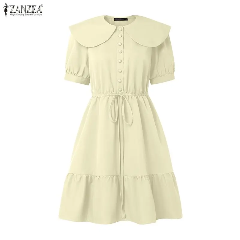 스타일리시한 러플 드레스 ZANZEA 여성용 2026 여름 드레스 우아한 라펠 넥 짧은 소매 파티 워크 썬드레스 솔리드 버튼 미디 로브