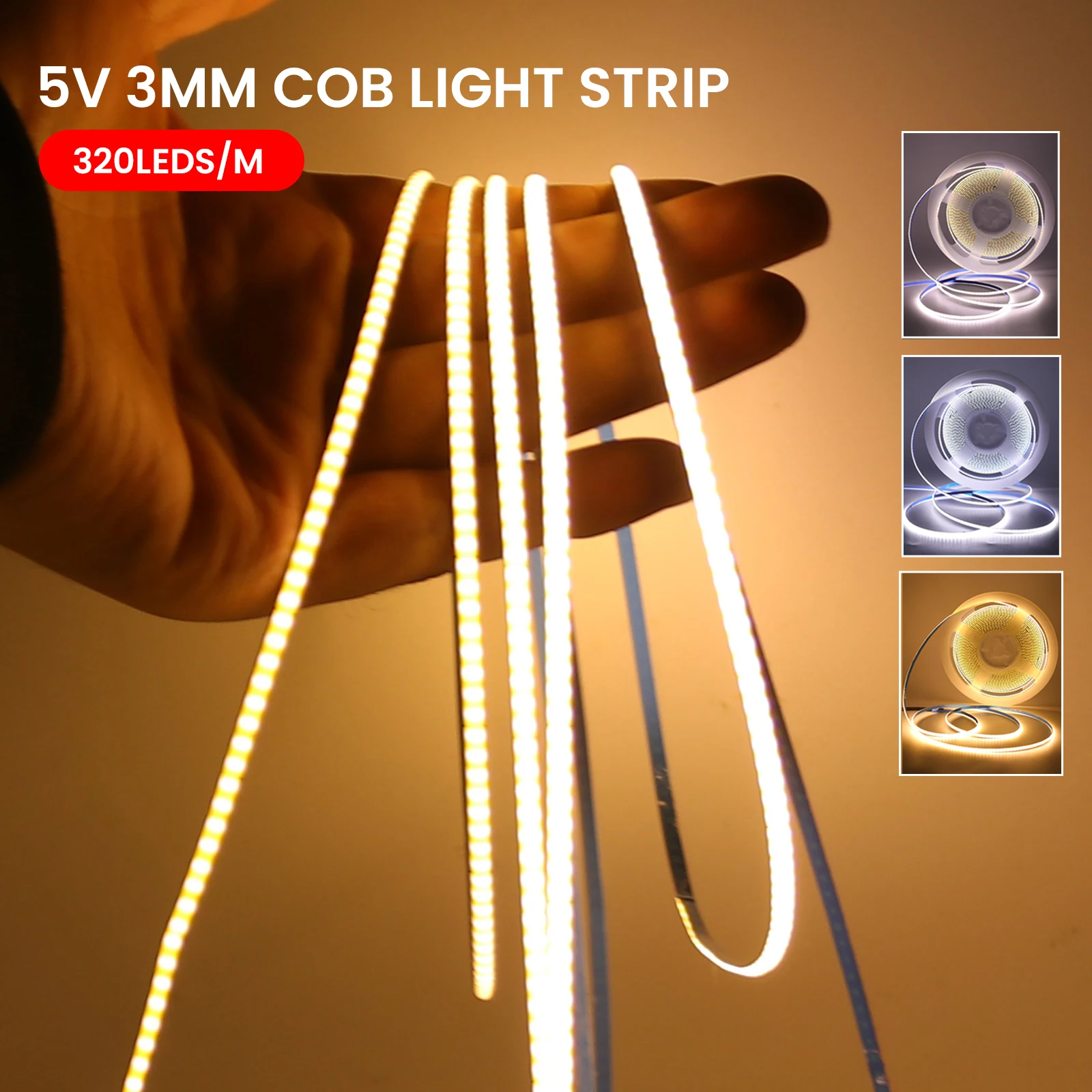 3mm cienka pasek COB LED 5V o wysokiej gęstości 320 diod LED/m taśma kolbowa biała/ciepła biała/naturalna biel/lodowy blękit/zielona/czerwona/żółta