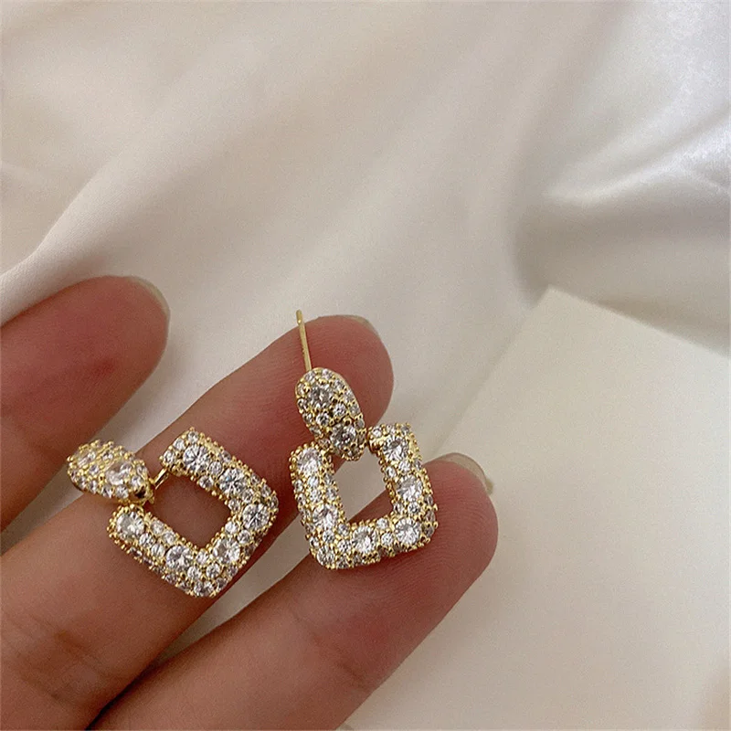 2023 Korean Fashion Shining Rhinestone Hollow Square Drop Earrings for Women Girls Vintage Crystal Luxury Jewelry Party Gifts