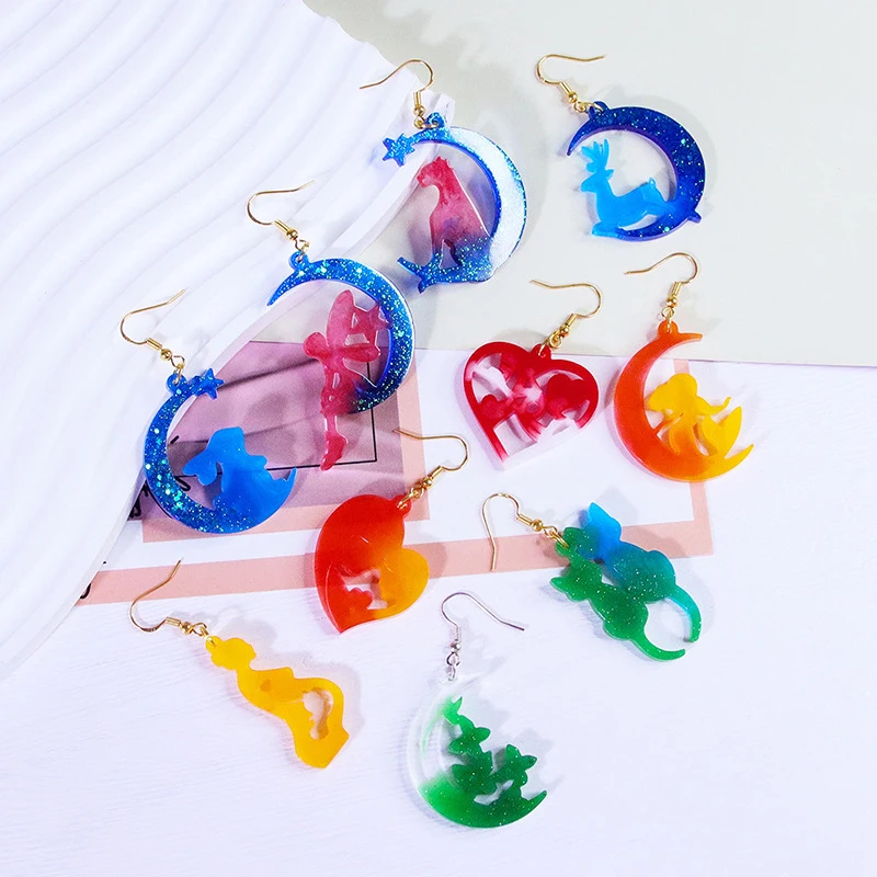 Girl Animal Moon Earring Pendant Silicone Mold DIY Jewelry Making Crystal Epoxy Resin Casting Dangle Earring Mold Ear Drop Mould