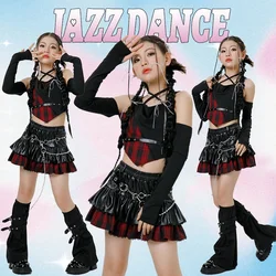 Korean Ive K-pop Stage Outfit Children Concert Outfits Hip-Hop Street Dancewear Performance Costume Black Top Cake Skirt Y2K