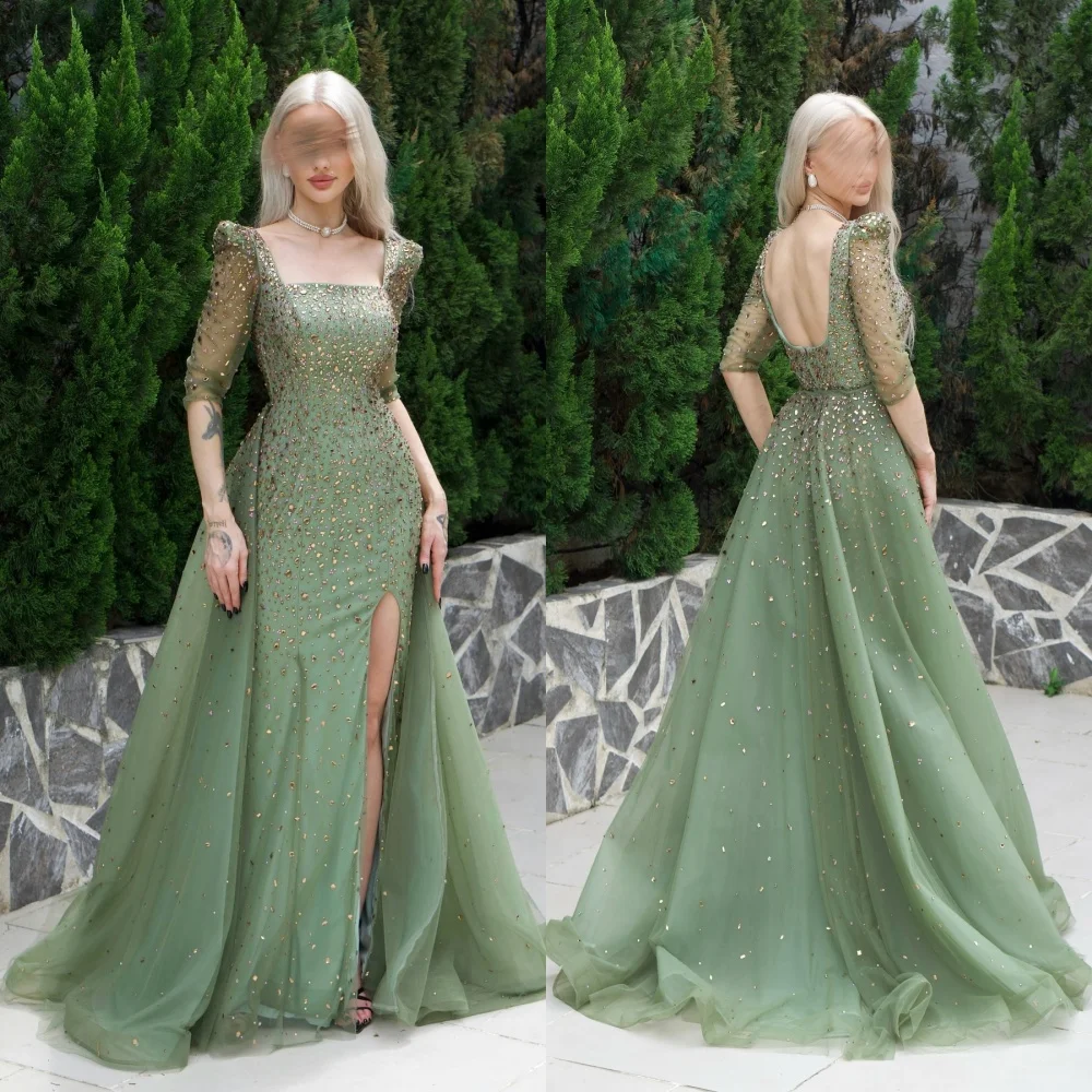

Customized Net Rhinestone Square Neck A-line Long DressesBespoke Occasion Luxury Evening Party Gown Gorgeous Glitter Charming