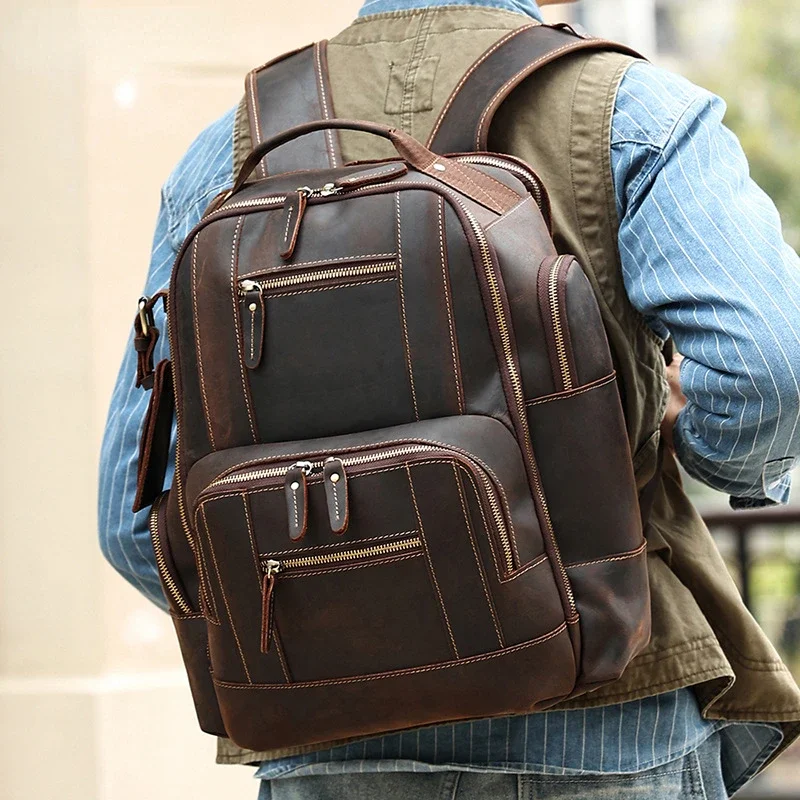 

Chikage Exquisite Cowhide Backpack Fashion Trend Leather Retro Men's Schoolbag Simple Leisure Large Capacity Travel Bag