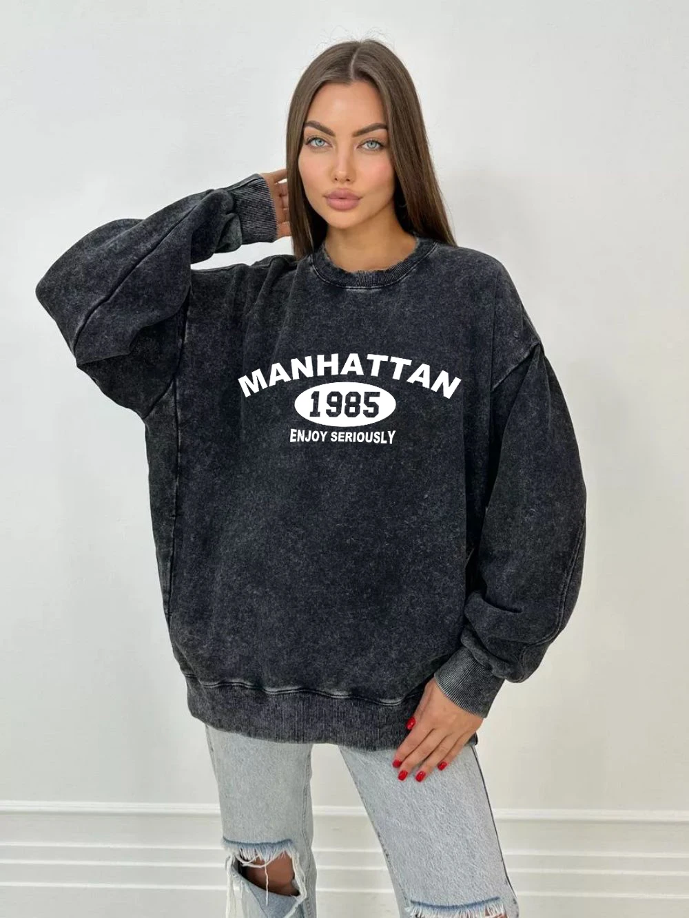 Autumn Womens Acid Wash Hoodie Manhattan 1985 Ebjoy Seriously Prints Sweatshirt Oversize Cotton Warm Pullover Couple Washed Tops