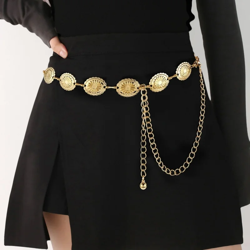 Oval Craved Little Daisy Metal Cummerbunds Waist Chain for Women Retro Exquisite 2 Colors Belt Chains Fashion Body Jewelry Gifts
