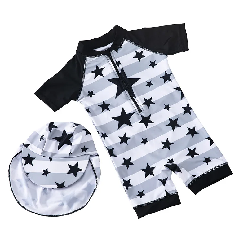 

1-6Y Toddler Boys One-Piece Swimwear UPF 50+ Short Sleeve Rash Guard With 3D Sunhat Black White Striped Star Print