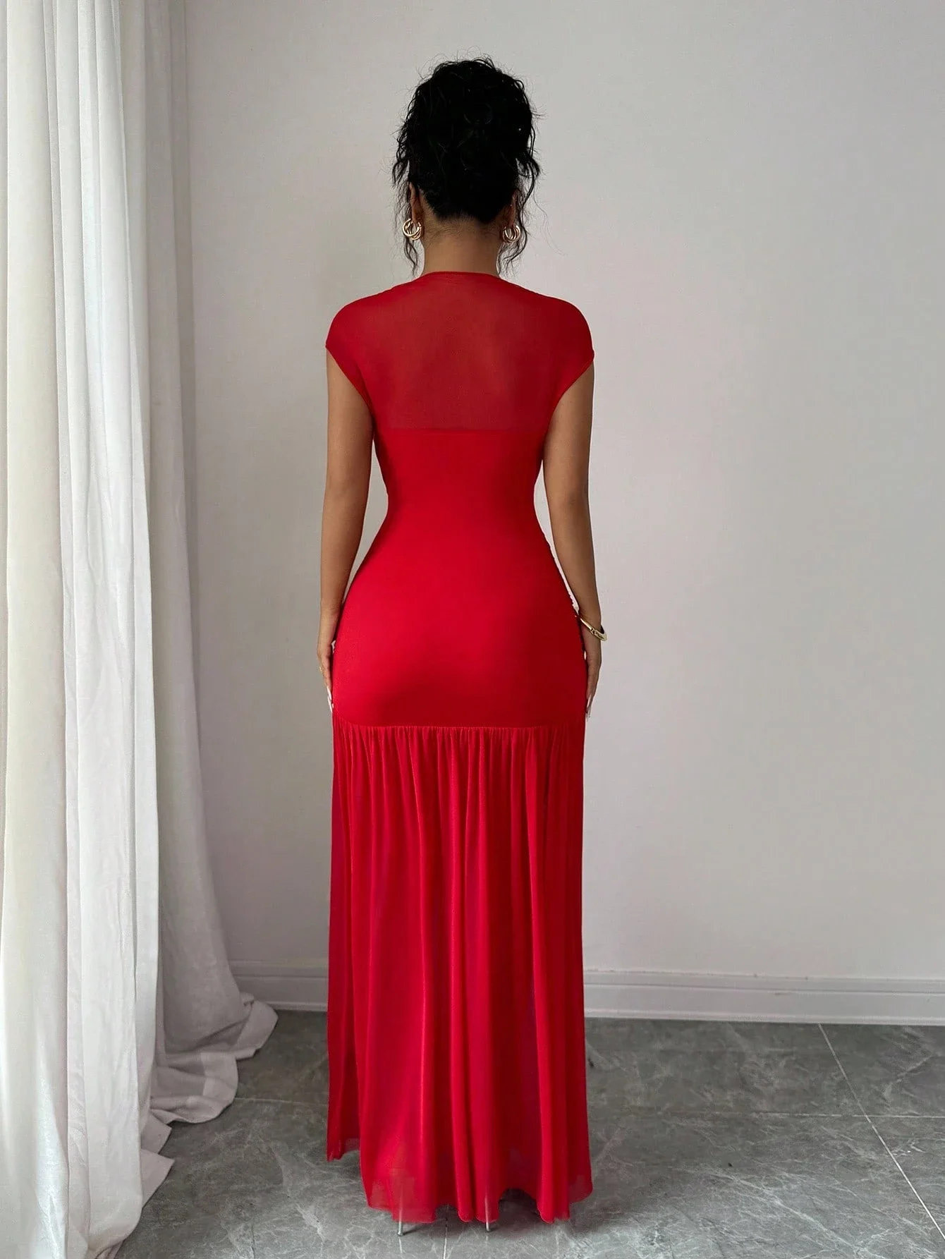 

Solid Red Pleated A-Line Maxi Dress With Mesh Back And Ruched Waist For Women